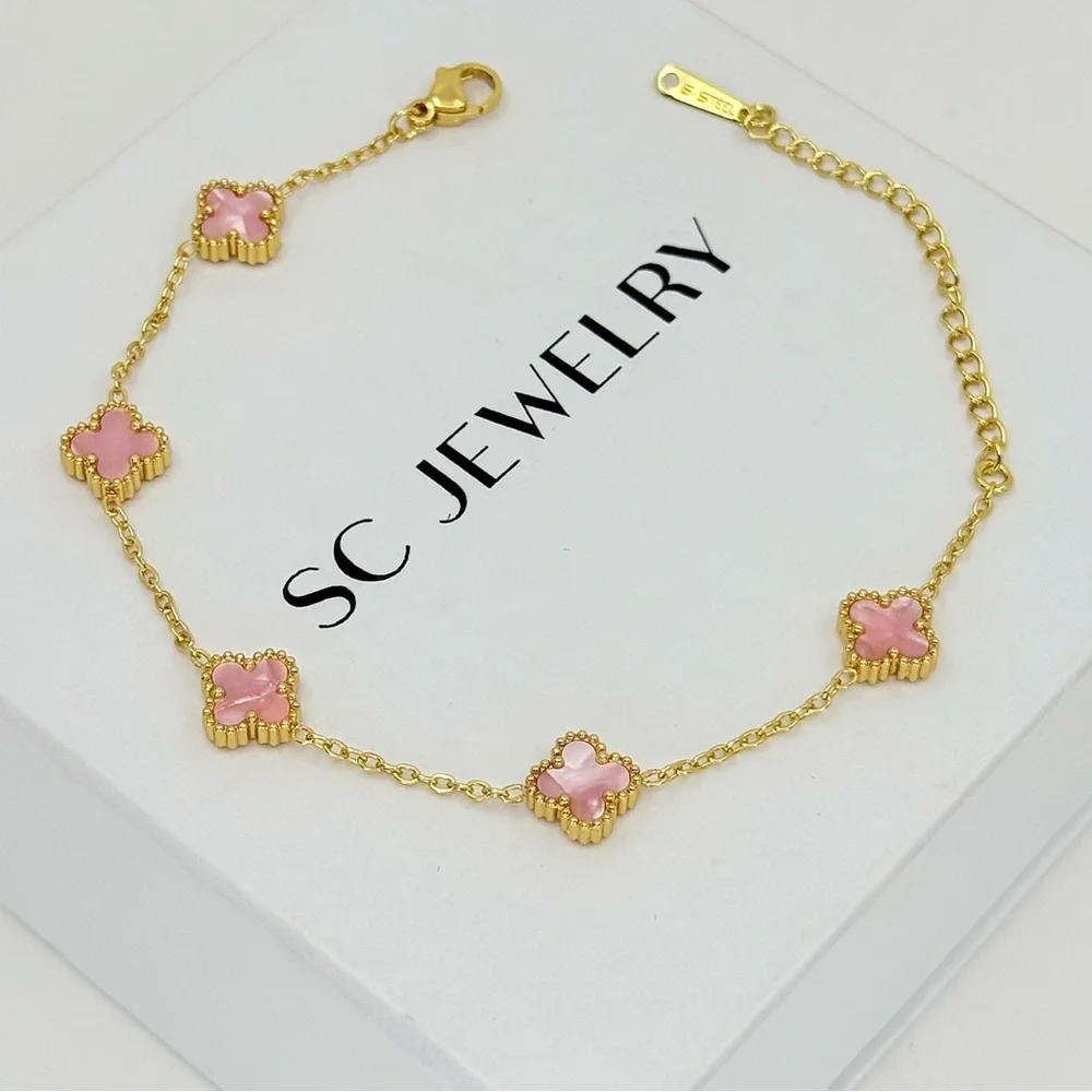 Petite Pink Mother of Pearl Gold Clover Bracelet | Stainless Steel Double Sided
